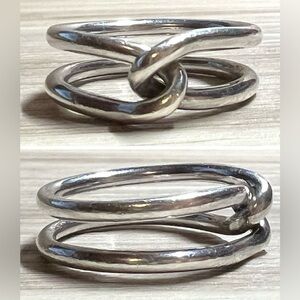 Designer Signed M Sterling Silver Modernist Linked Dual Band Ring, Size 6
